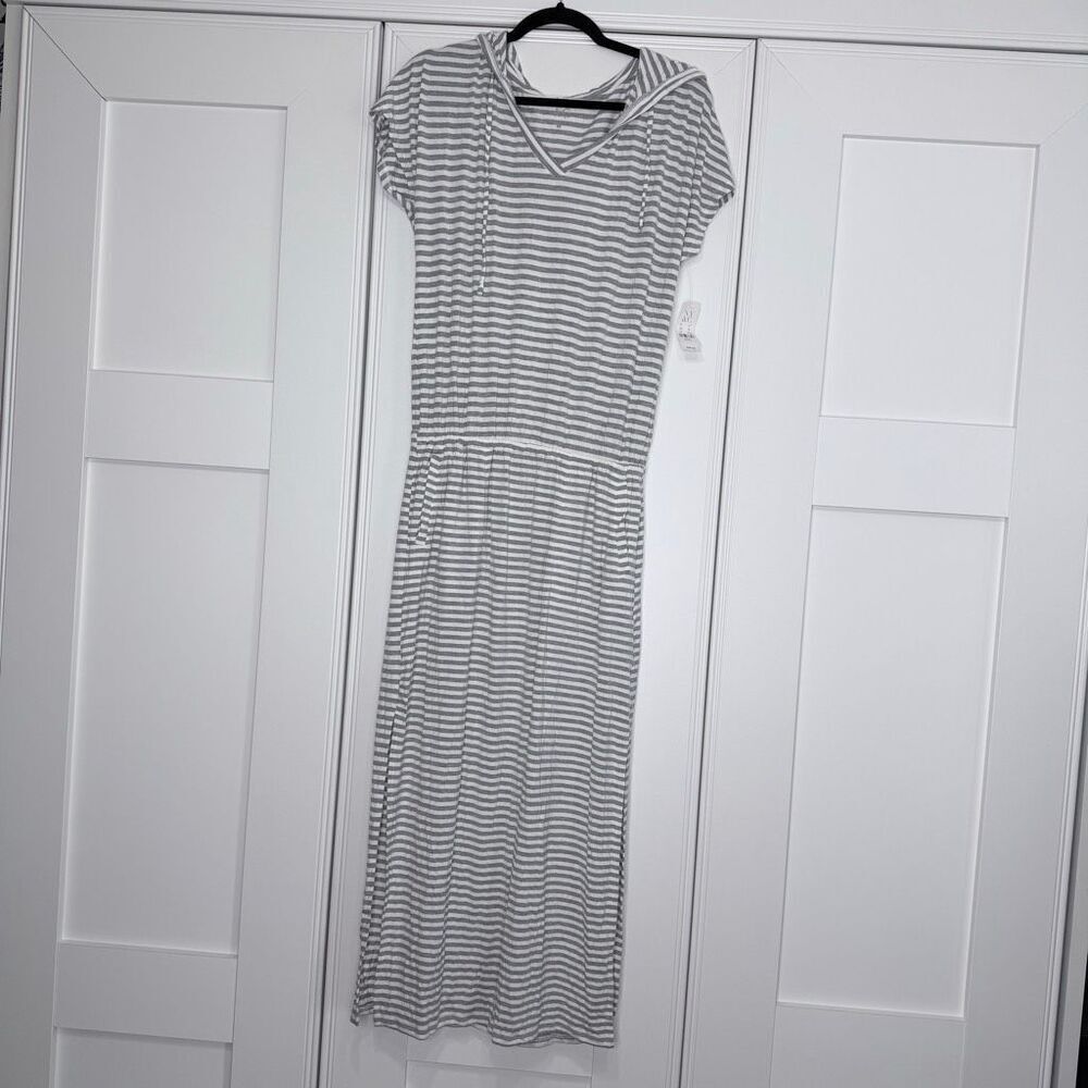 NWT Maxi Casual Gray White Stripe Hoodie Slits Dress Size Small Stretchy (c1)